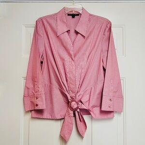 NBW - LAFAYETTE 148 Tie Buckle V Neck Shirt Collar 3/4 Sleeve Red/White Stripe